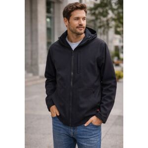 Levi’s Black Hooded Softshell Jacket Men’s Size L | Zip-Up Fleece-Lined Coat